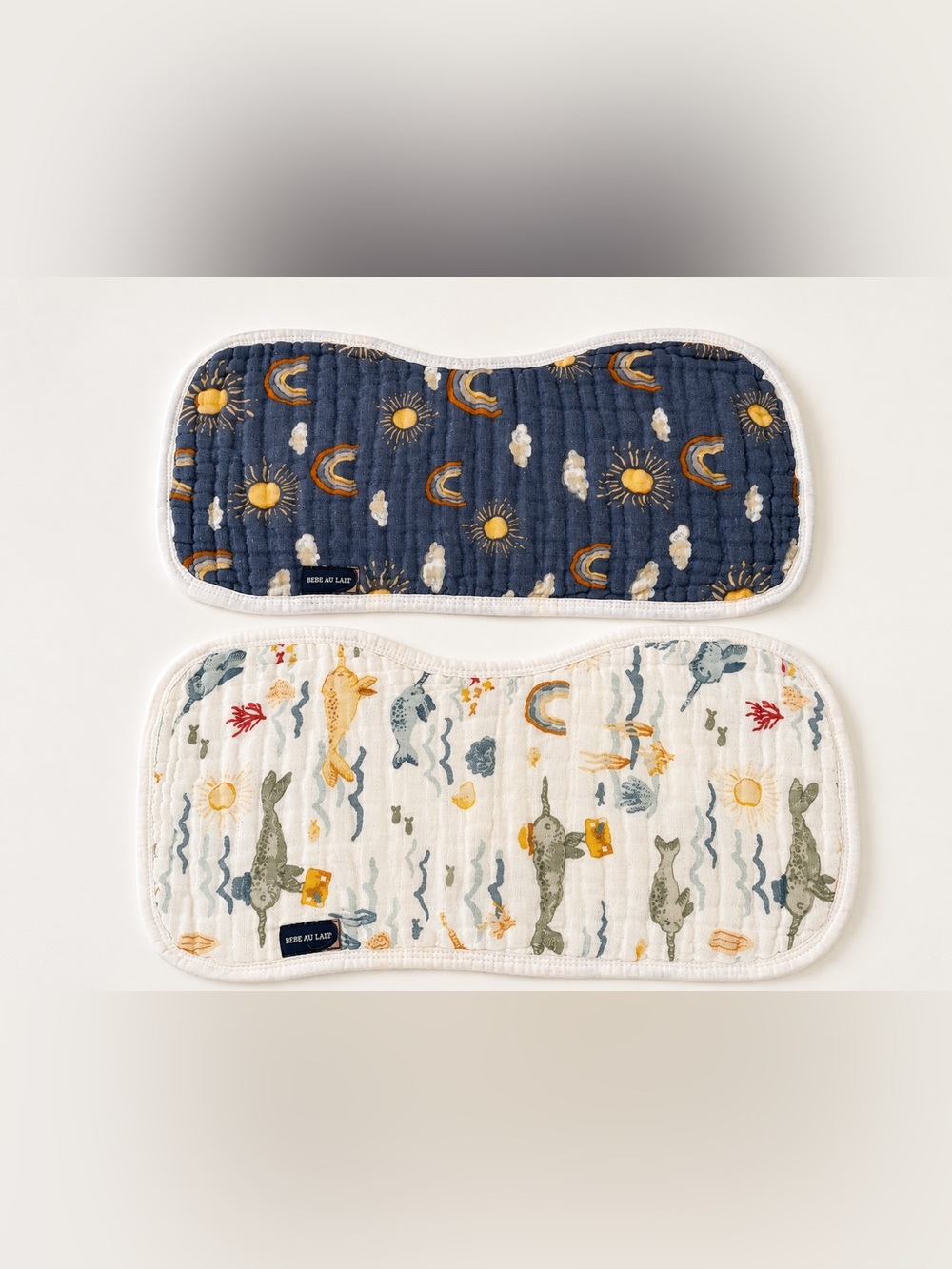 Bebe au Lait Navy & Cream Muslin Burp Cloths with Gold and Blue Prints